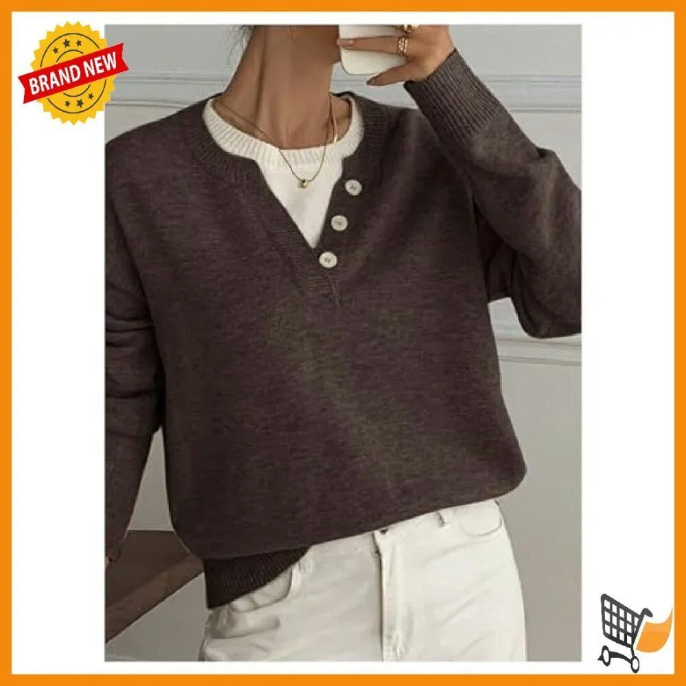 Women's Button Up V Neck Sweater Color Block Pullover Long Sleeve Cozy